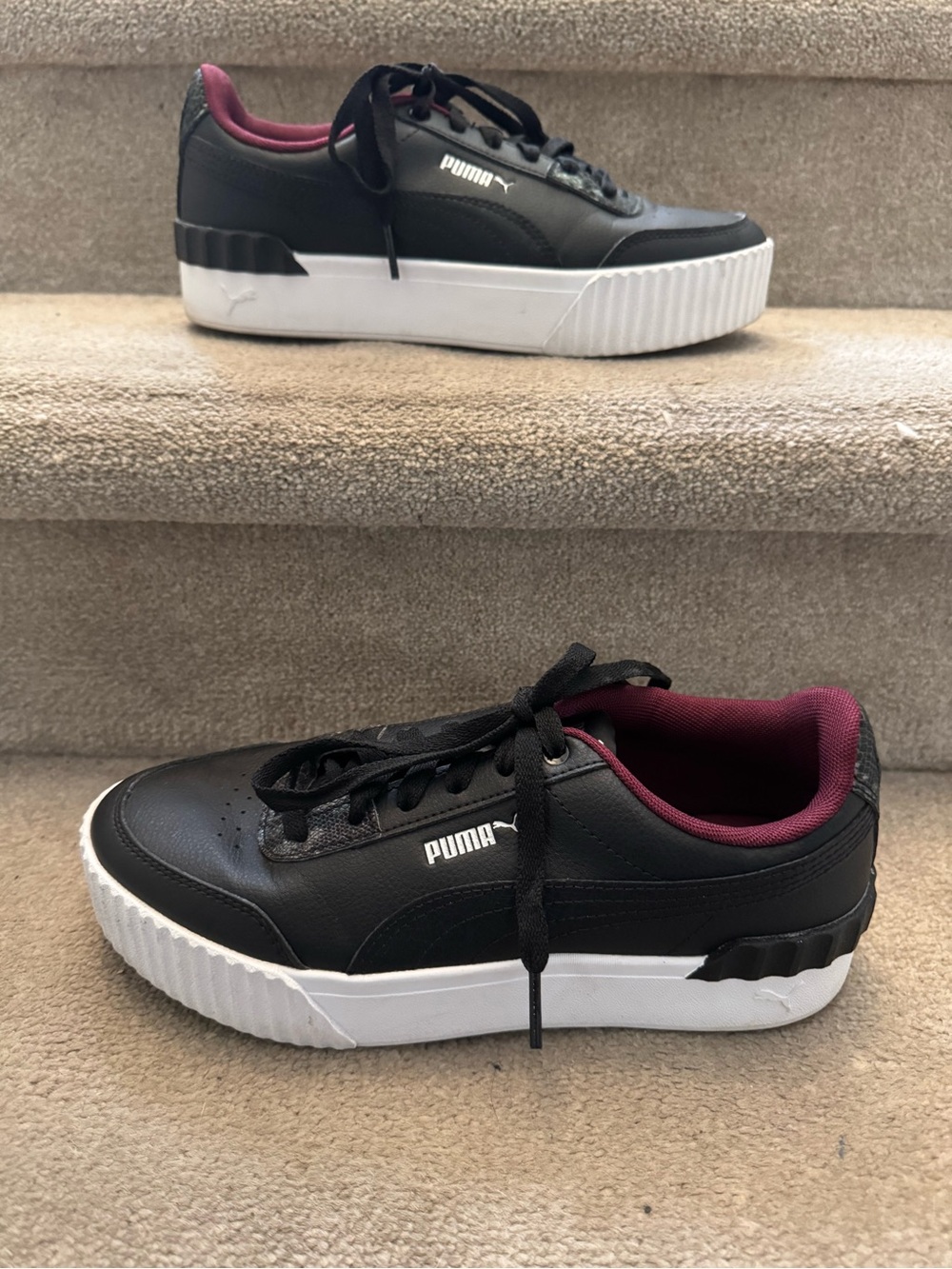 Puma Black Sneakers with Burgundy Interior and White Platform Sole
